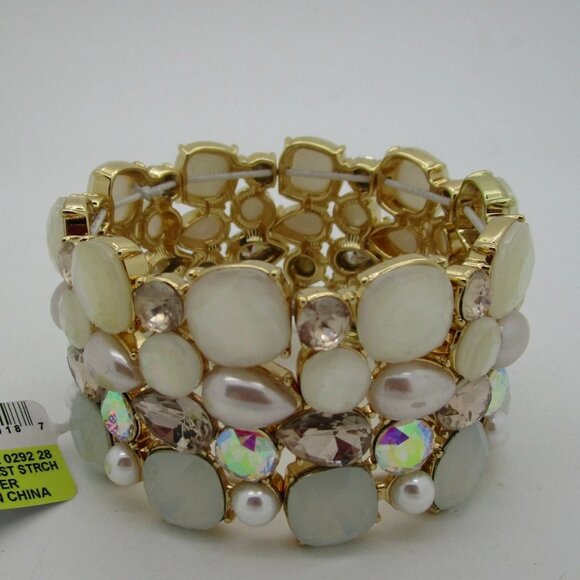 INC GoldTone Faux Pearl Crystal White Stone Cluster Stretch Bracelet New w/ Tags - Picture 3 of 7